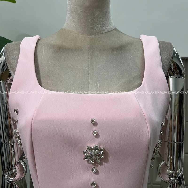 High-end Light Luxury Party Dress 2025 Summer Clothes New Heavy Industry Diamond Square Collar Waist Halter Bow Short Dress