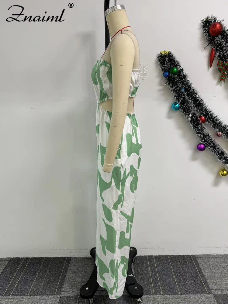 Znaiml Strapless Off Shoulder Hollow Out Green Printed Wide Leg Pants Jumpsuits Women Sexy Beach Vacation Summer Party Overalls