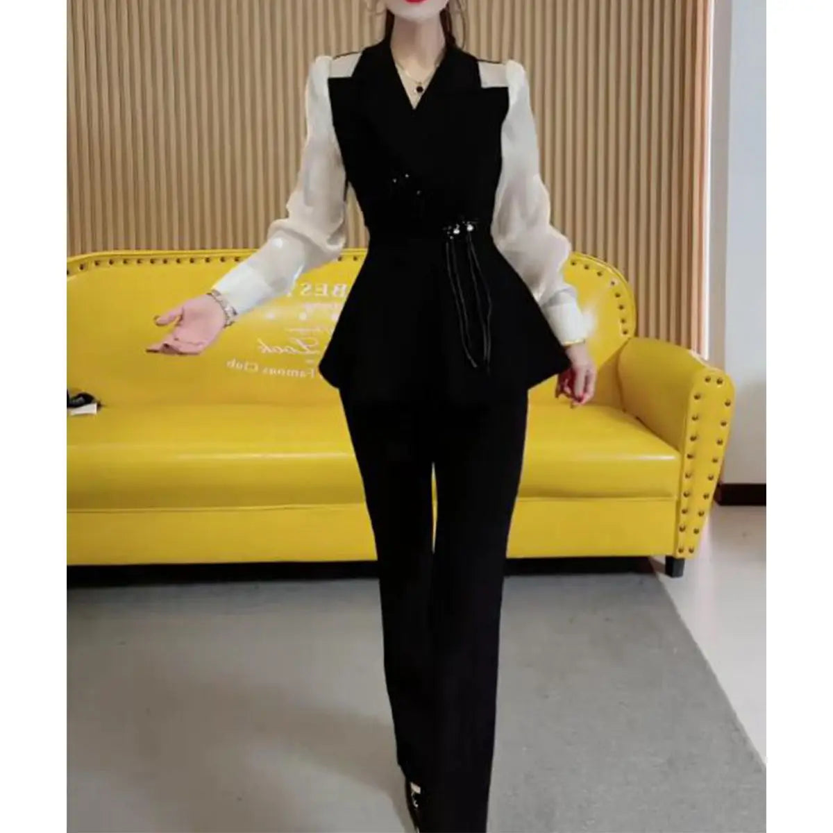 Spring 2025 New Fashion Foreign Style Suit Femininity Skinny Splicing Bubble Sleeve Top Pants Two-piece Set Lady Summer Suits