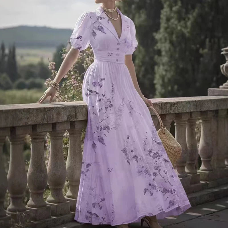 New Summer Puff Sleeve Pleated Women's Dress Casual Lapel Prom President Dresses Fashion Flower Print High Waist Holiday Dress