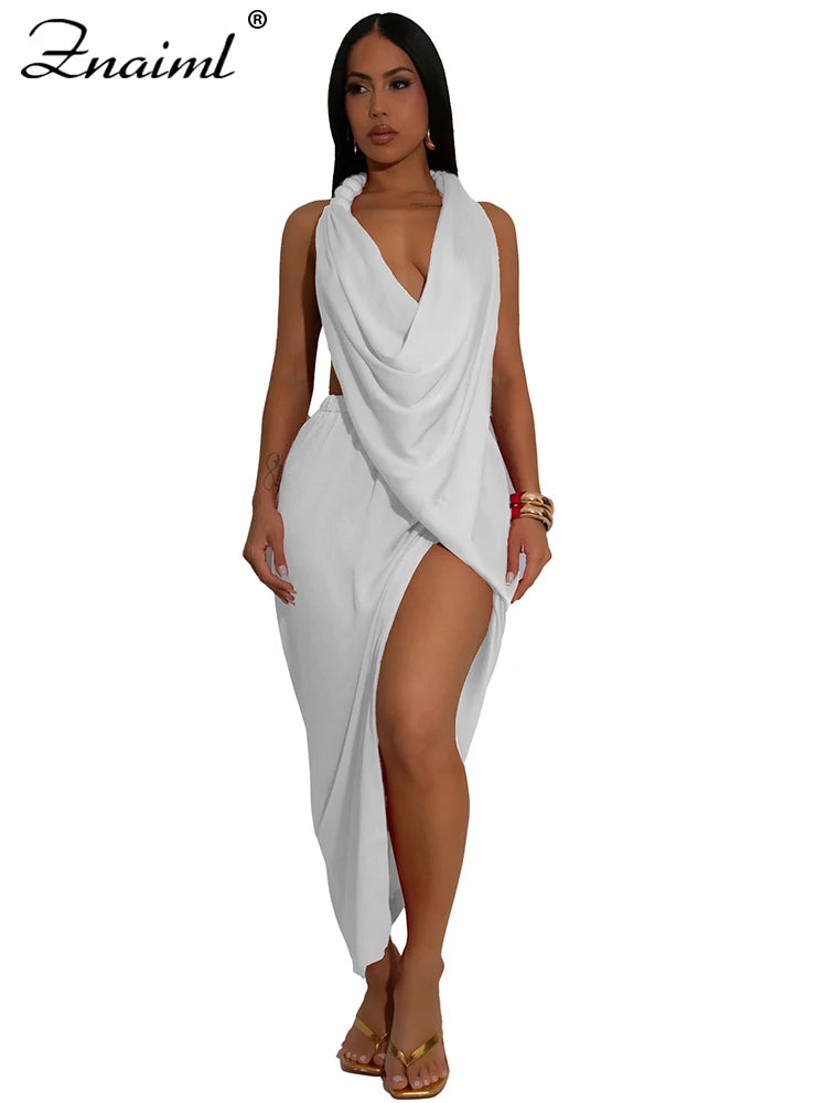 Znaiml Sexy Sleeveless Backless Halter Side Split Deep V-Neck Bodycon Dress Elegant Women Birthday Midnight Party Club Vestidos