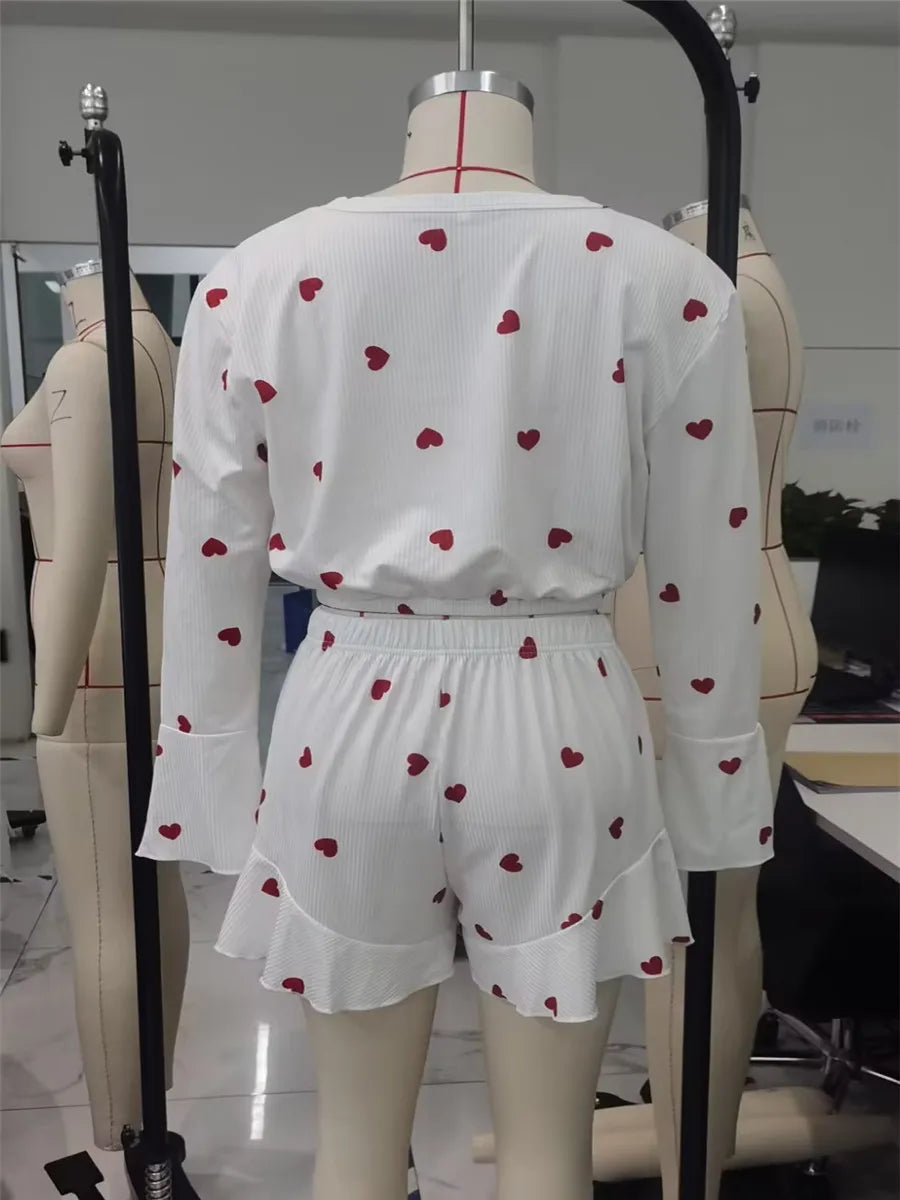 Women 2 Piece Pajamas Set Valentine's Day Heart Print Crop Long Sleeve Tops and Elastic Ruffled Shorts for Loungewear Sleepwear
