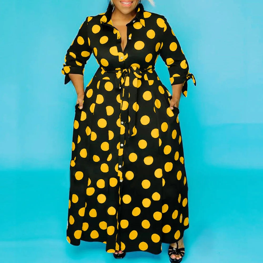 Wmstar Plus Size Dresses for Women Dot Printed with Pockets Slashes Fashion Party Maxi Dress Hot Sale Wholesale Dropshipping