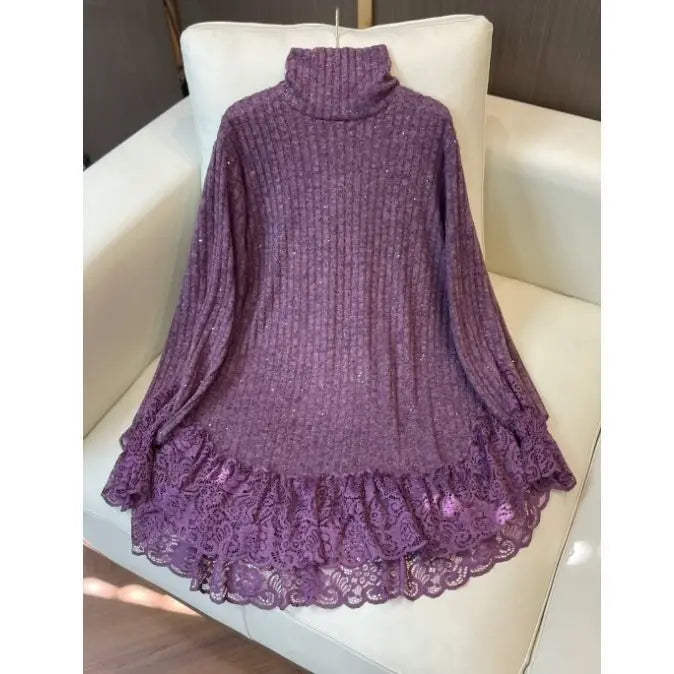 Autumn and Winter New Fashionable Style Lace Splicing Bottom Shirt Thin Solid Color Loose Look Casual Loose Long Sleeves Top