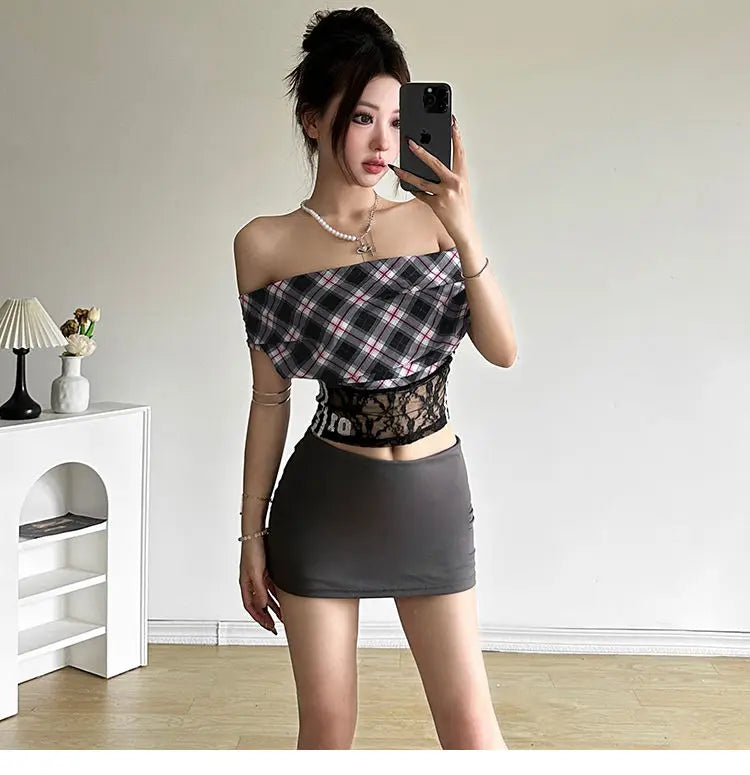 Premium Wind Spice Girls Retro Plaid One-shoulder Patchwork Long-sleeved Women Trend Niche Design Sense Thin Short T-shirt Tops