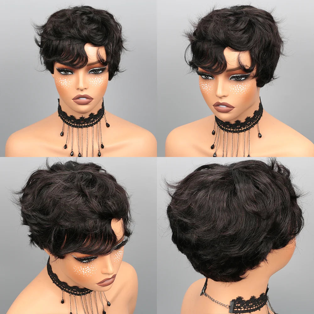 Pixie Cut Wig Human Hair Wig for Black Women Short Bob Wig Short Layered Pixie Cut Wigs Glueless Wig with Bangs