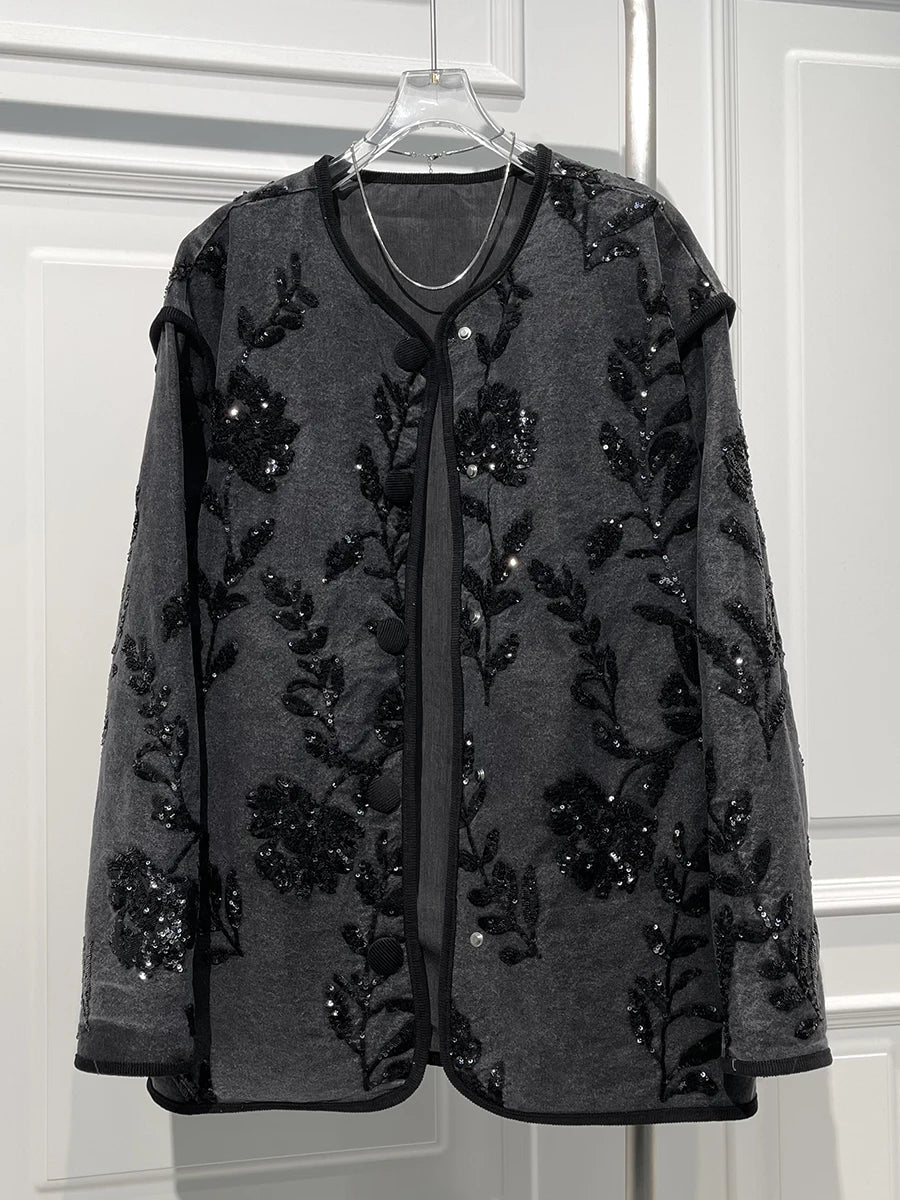 Fashion Versatile Heavy Industry Embroidered Flower Denim Jackets for Women Spring New Loose Casual Mid-length Sequined Jacket