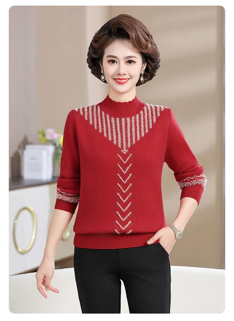 2025 Autumn New Mom's Velvet And Warm Knitted Embroidered Bottom Shirts Imitation Mink Fleece Winter Inner Plsh Thick Pullover