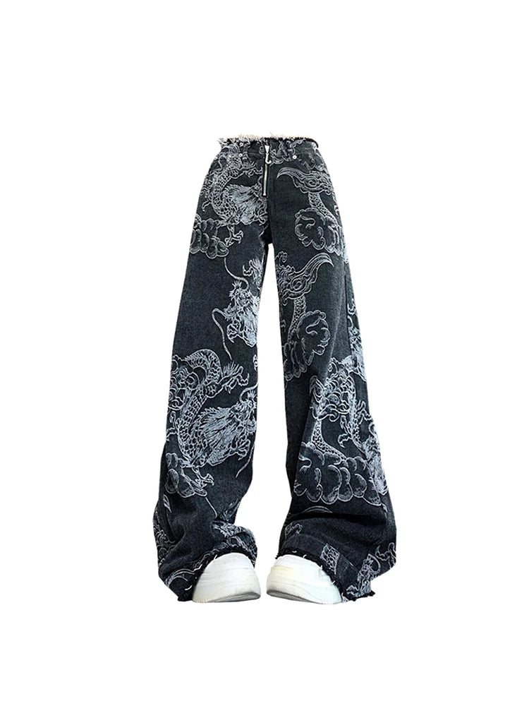 Women Black Gothic Dragon Print Jeans Baggy Vintage Aesthetic Cowboy Pants Harajuku Denim Trousers Y2k Trashy 2000s Clothes 2024