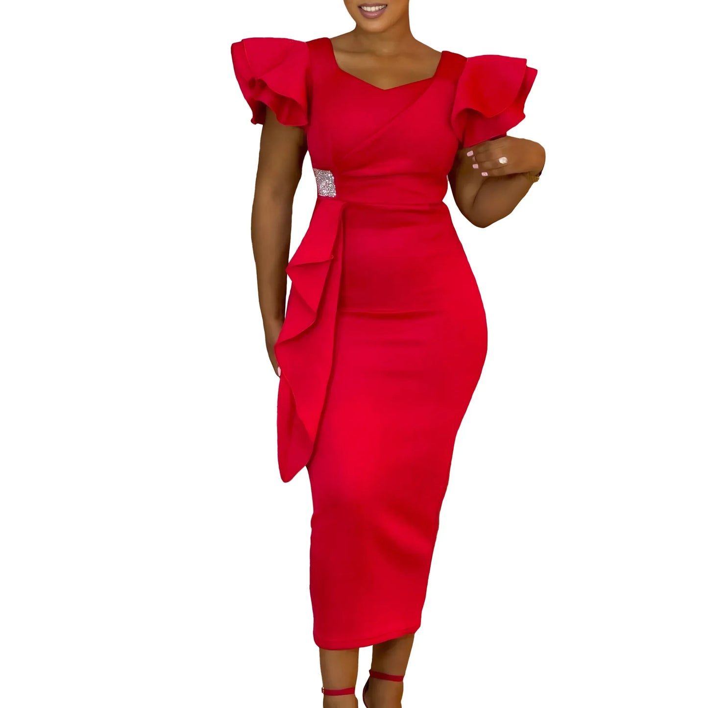 Elegant Pure Color African Style Wrap Dress D3310 New Fashionable Transoceanic Dress with Lace Trim Elegant African Dress