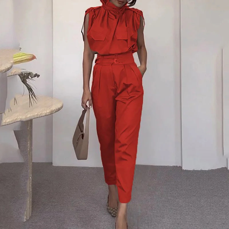 Sleeveless Turtleneck Simple Matching Set, Women Summer Cargo Pants Fashion Outfit, Solid Patchwork Chic Ladies Suits Streetwear