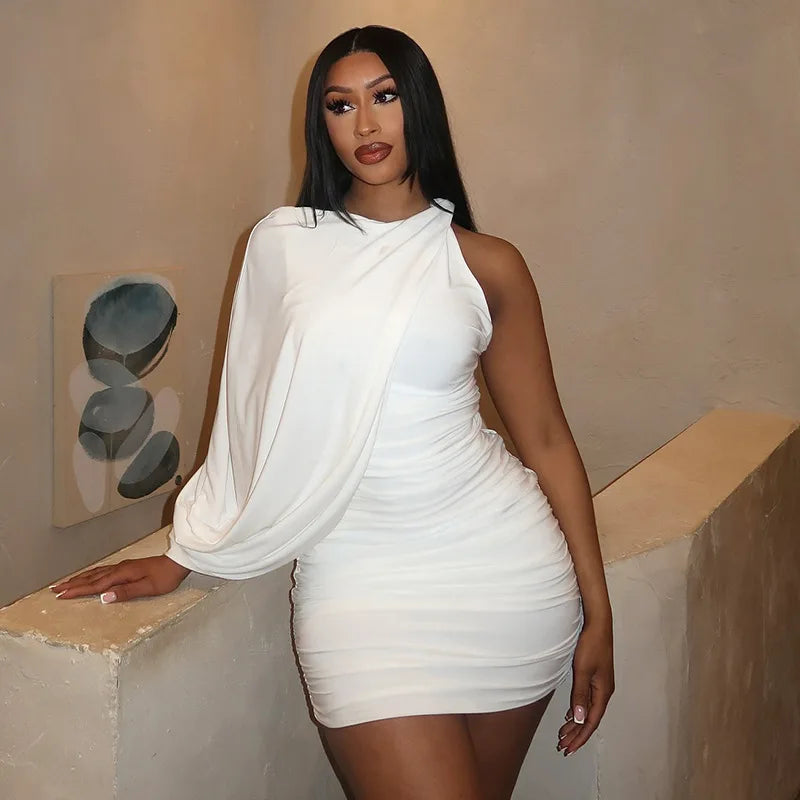 Joskaa Elegant Pleated O-Neck Asymmetric Single Sleeve Body-Shaping Mini Dresses for Women 2025 Summer Holiday Party Clubwear