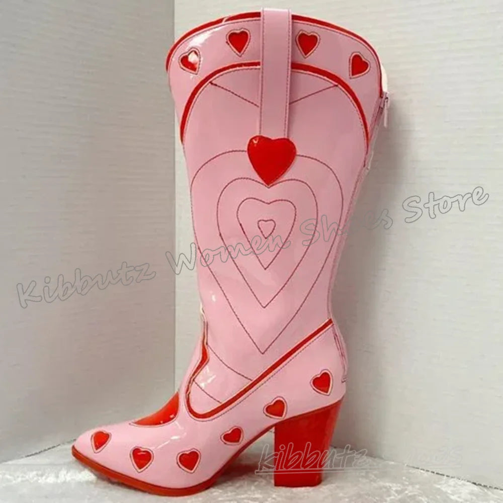 Hearts Cowboy Knee High Boots Slip-On Fashion Novelty Sexy Elegant Concise Novelty Leather Women Shoes Pointy Chunky Heels New