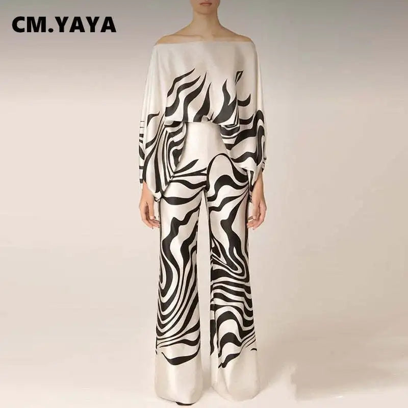 CM.YAYA Women Set Full Batwing Sleeve Slash Neck print Top + Wide Leg Pants Summer Street Two 2 Piece Sets Sexy Outfit Tracksuit