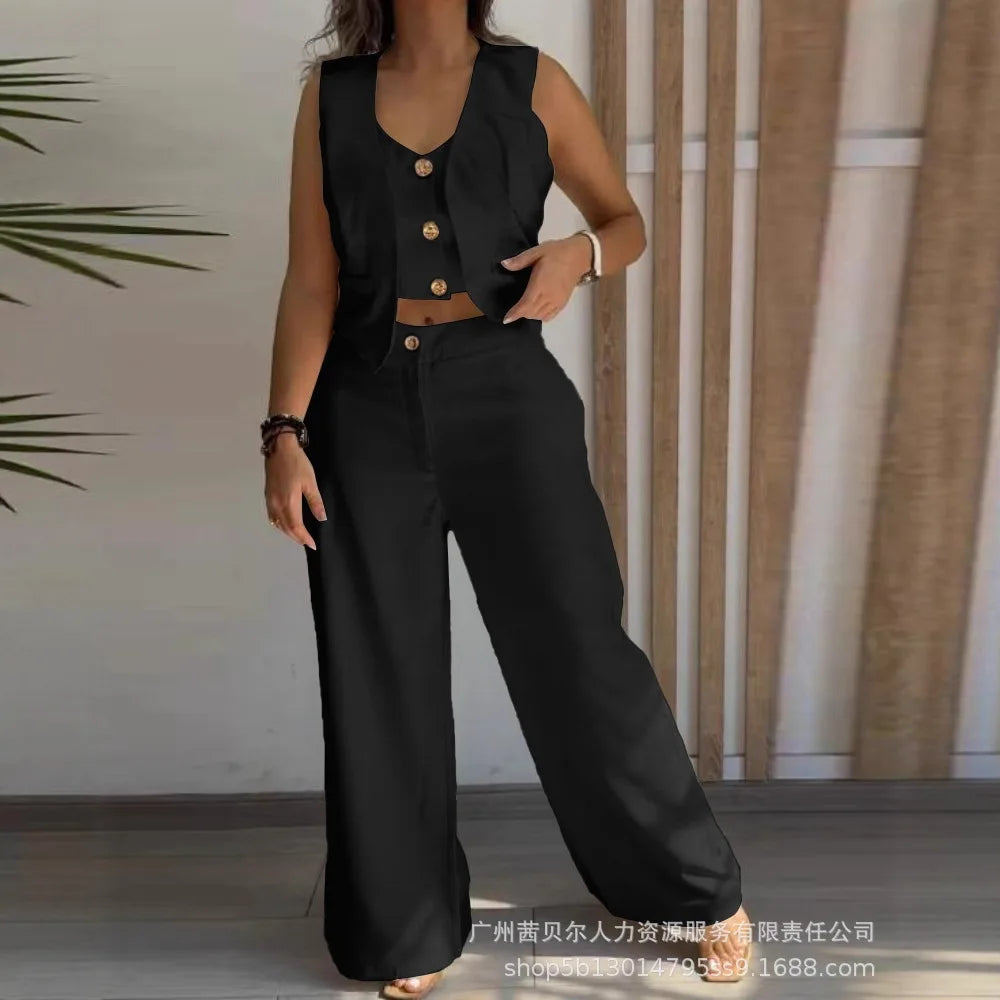 Women New 2 Pieces Outfits Metal Button Decor V Neck Sleeveless Tank Top and Casual Plain Loose Fit Pants Set