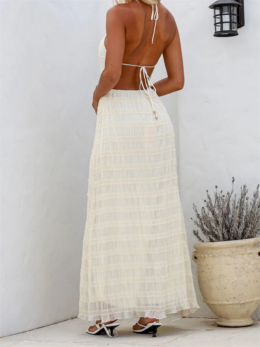 Women's Halter Neck Long Dress Frill Layered Solid Dress Drawstring Belted Sleeveless Dress