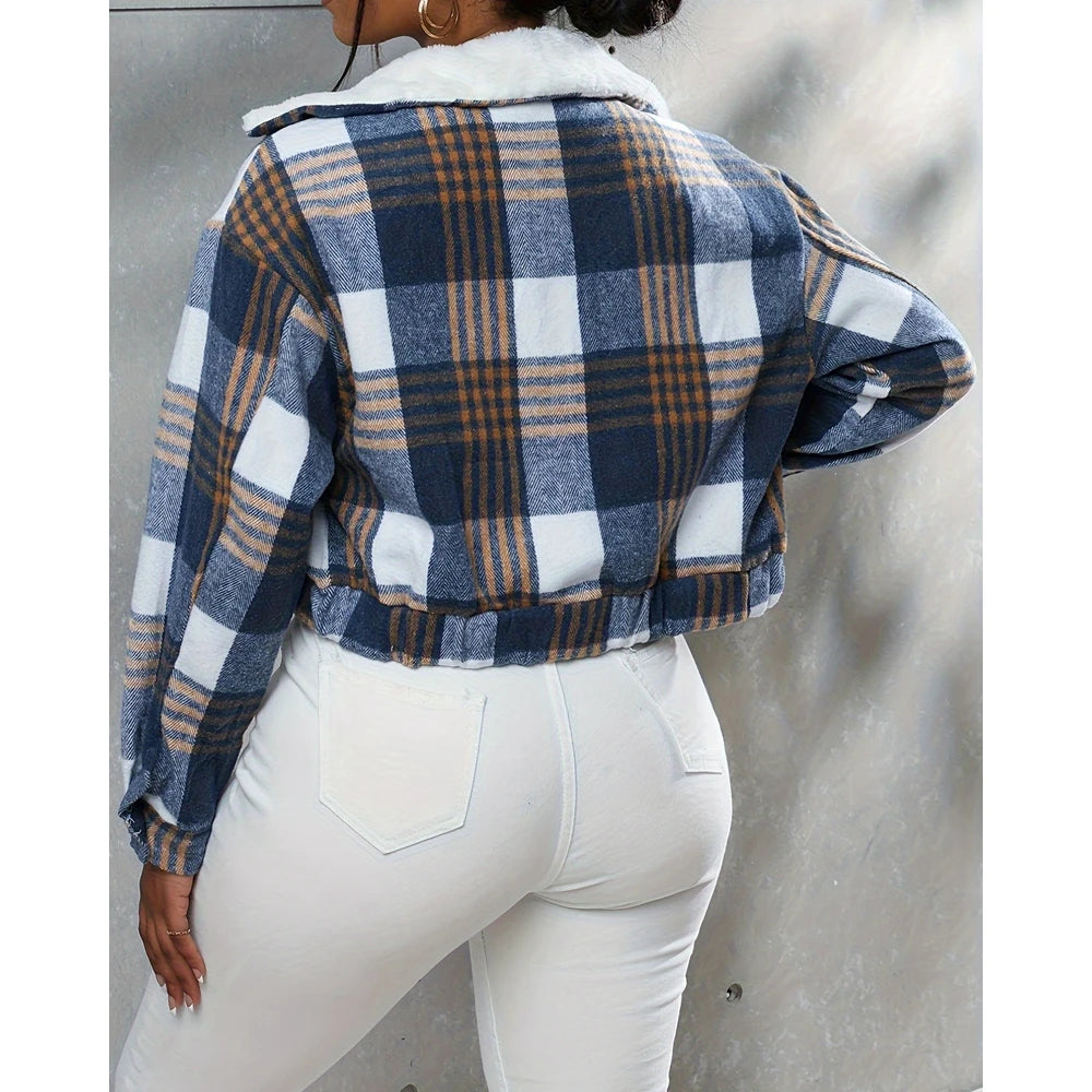 Women Fluffy Turn-down Collar Striped Print Covered Button Short Jackets Autumn Long Sleeve Coat Outfits Winter Clothing