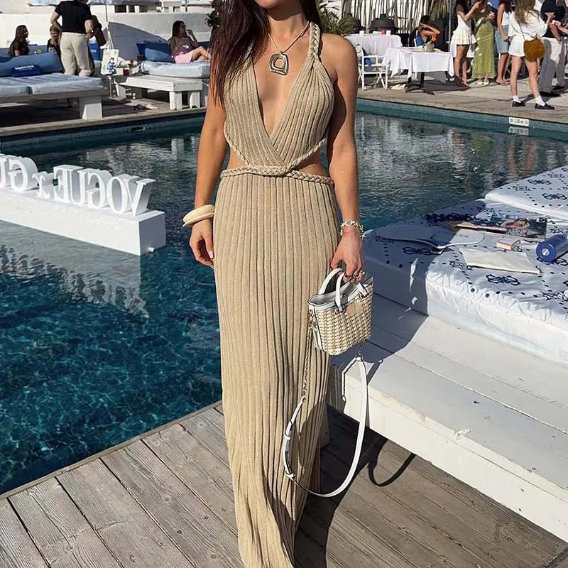Sexy Hollow Out Sleeveless Knitted Long Dress Ladies 2025 V Neck Solid Slim Fit Summer Maxi Dress Elegant High Split Beach Dress
