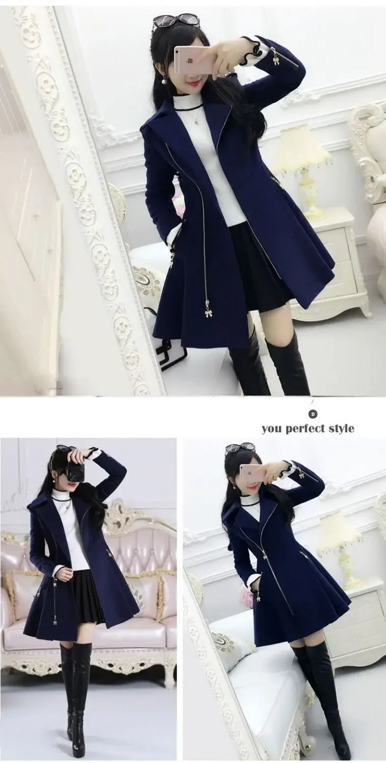 2025 Autumn Winter Clothing Deep Blue Zippered Long Sleeved Woolen Coat Jacket Women, Medium Length Slim Fit Thickened