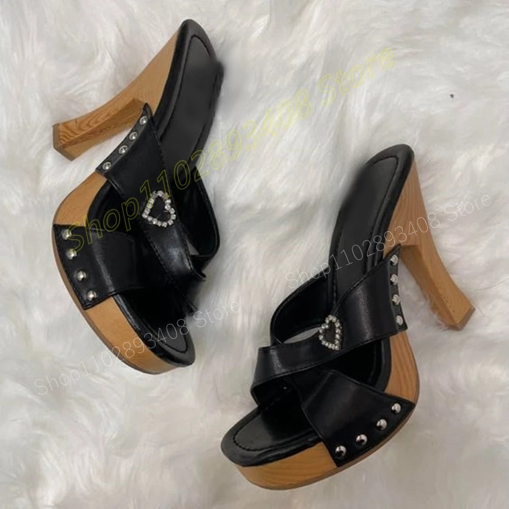 Baby Pink Crystal Heart Rivets Slippers Cross Tied Elegant Chunky High Heel Sexy Women Shoes 2024 Summer Zapatos Para Mujere