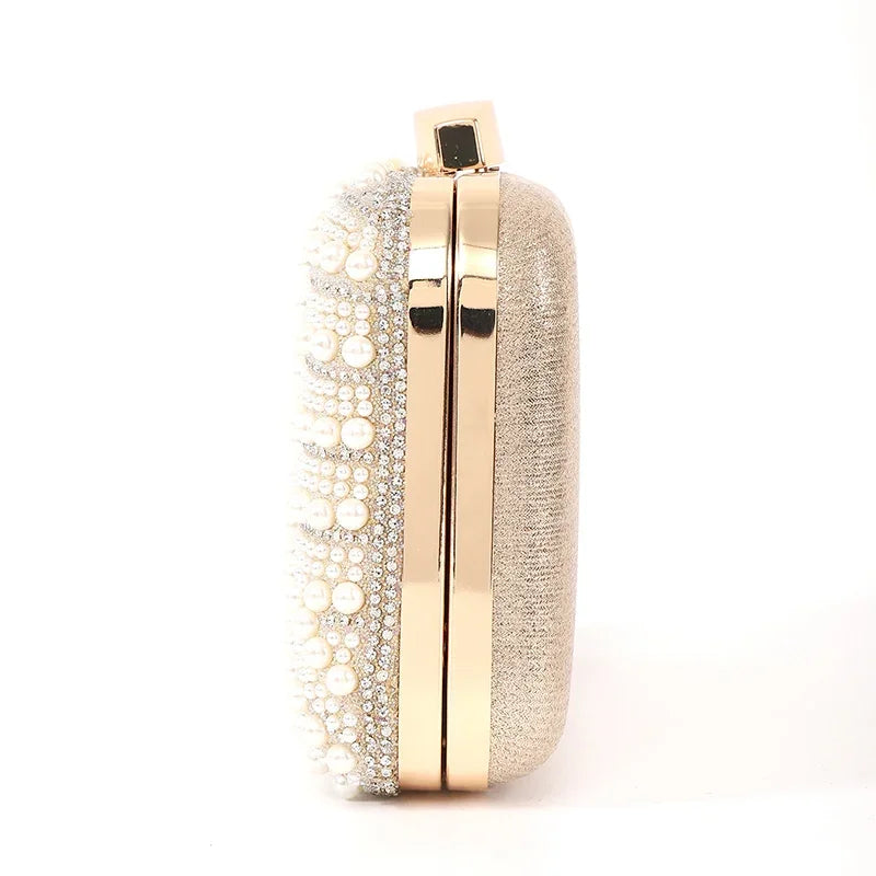 Ladies Pearl Elegant Evening Bag Fashionable Stylish Beading Wedding Dinner Party Banquet Dress Clutch Bag with Long Chain