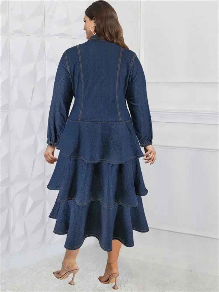 Wmstar Plus Size Denim Dresses for Women Button Solid Fashion Elegant Maxi Long Dress Fall Winter Clothes Wholesale Dropshipping