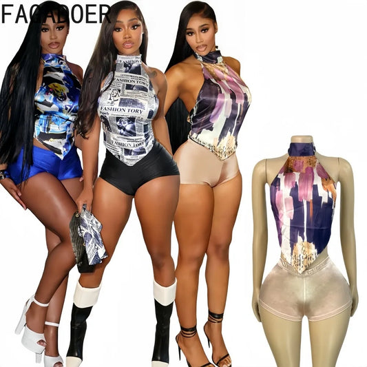 FAGADOER Summer New Sexy Printting 2 Pieces Set for Woman Halter Sleeveless Backless Crop Top and Shorts Female Y2K Streetwear