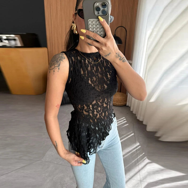 Women's Casual O Neck Sleeveless Irregular Tees 2025 Summer Solid Color Waist Blouses Perspective Lace Slim Fit Club Party Tops