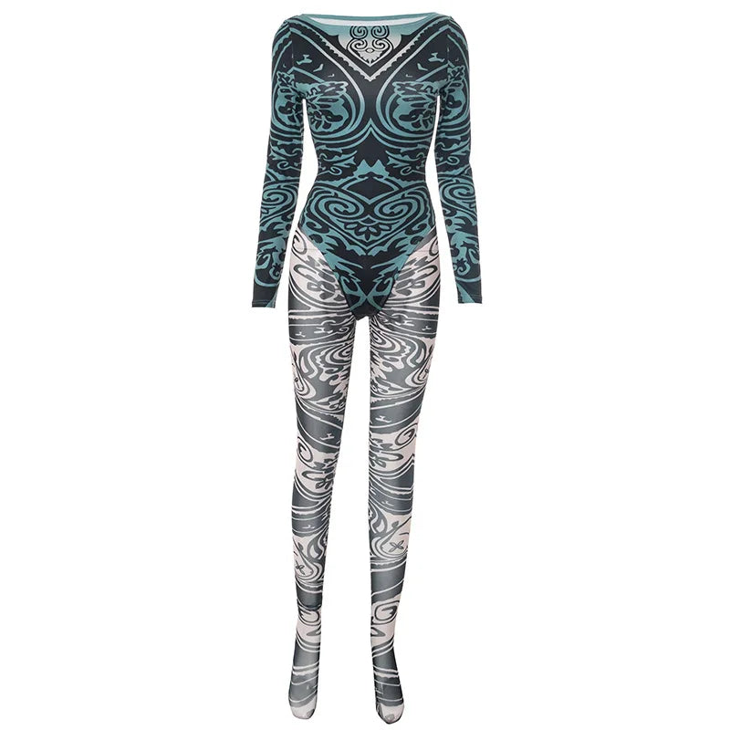 Joskaa 2025 Women's Abstract Print Two Piece Set Sexy Round Neck Long Sleeve Bodysuit + Skinny Pants Matching Y2K Streetwear