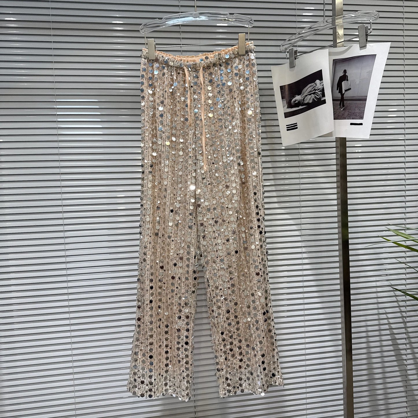 2026 Summer New Fashion Hot Girl Style Silver Sequin Tie-up Elastic Waist Pants - High Street Women's Versatile Casual Trousers