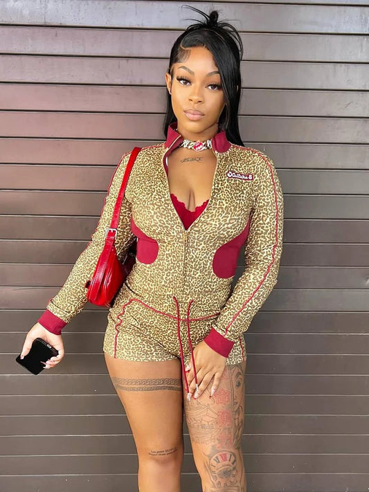 Weird Puss Casual Women 2 Piece Set  Tracksuit Leopard Print Patchwork Zip Crop Jacket+Shorts Sporty Stretch Streetwear Outfits