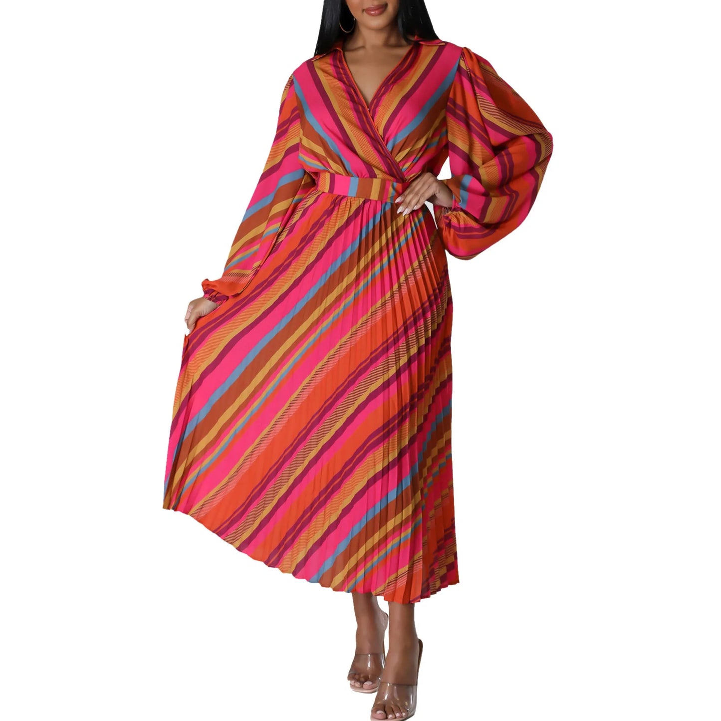 Elegant Office Dresses for Women Striped Printed V Neck Full Sleeve High Waisted Pleated Mid Calf Professional Work Dress Midi
