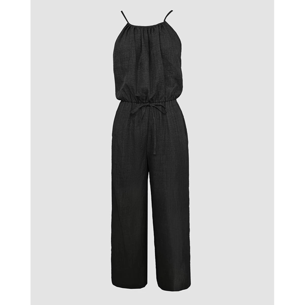 Women Solid Color Round Neck Wide Leg Straight Overalls Summer Spaghetti Strap Drawstring Waist Casual Black Jumpsuits