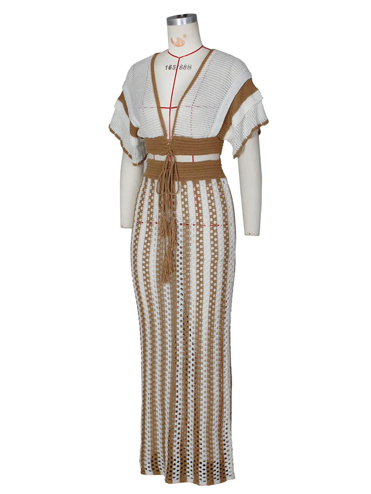 Wmstar Women Two Piece Set Sexy Elegant Knitted Crochet Beach Stripe Crop Tops Long Skirts Matching Set Holiday Birthday Outfits