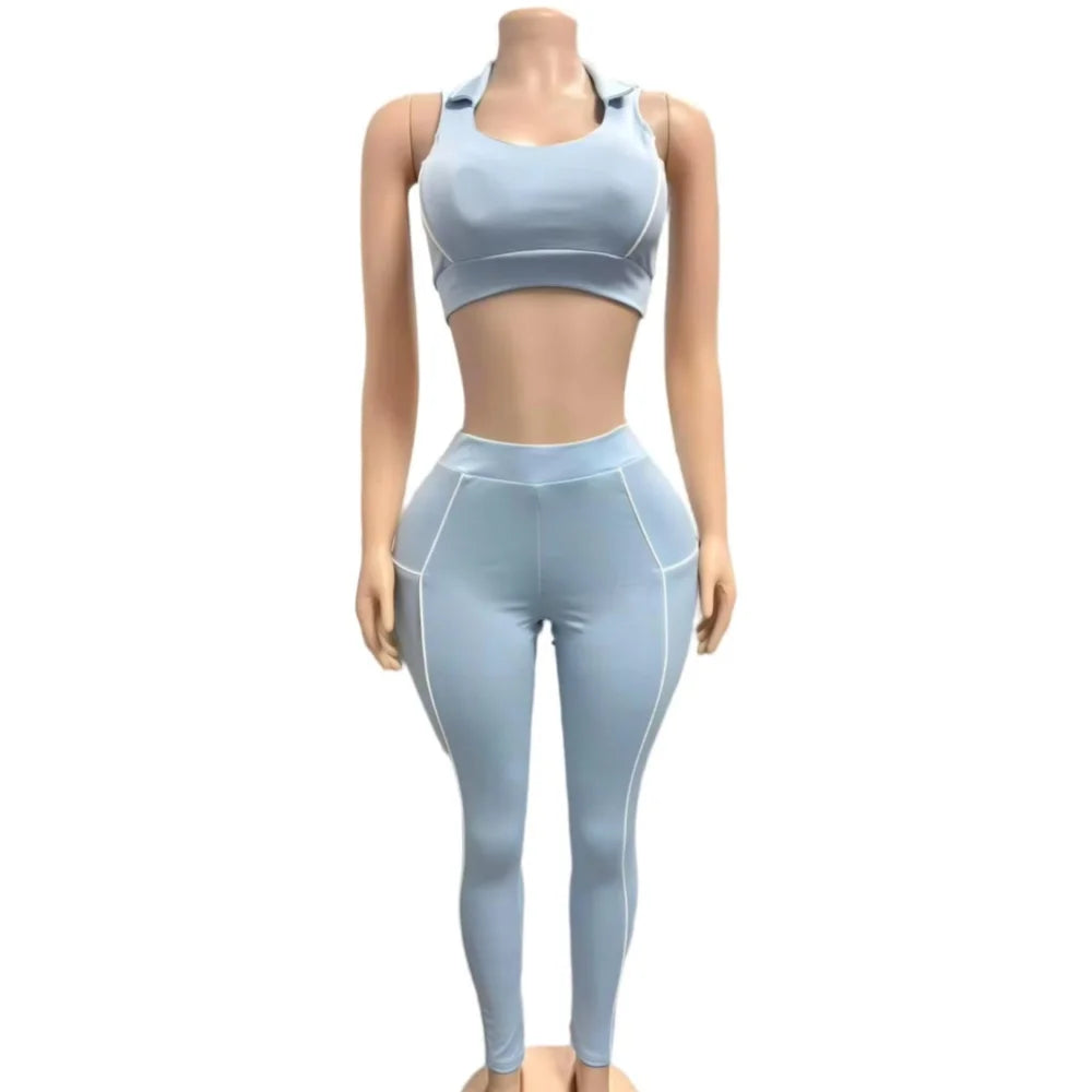 Patchwork V-Neck Crop Top and High Waist Pants Set for Women