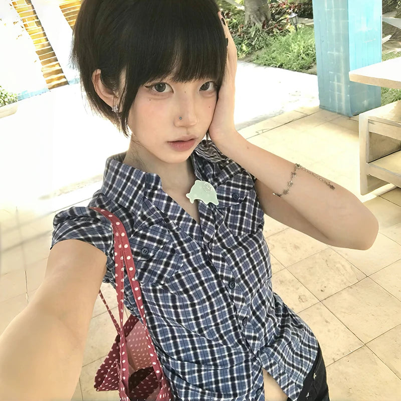 Karrram Japanese Y2k Plaid Shirt Vintage Harajuku V-neck Blouses Korean Fashion Women Short Sleeve Shirts 2000s American Retro