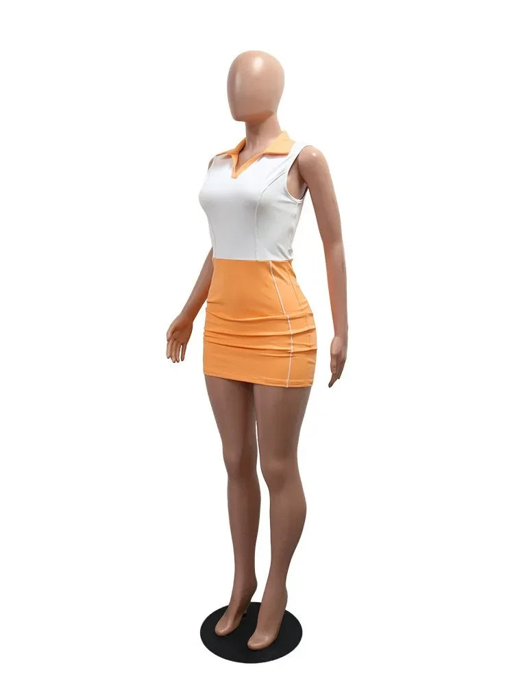 2025 Summer Women's Contrast Patchwork Lapel Sleeveless Bodycon Sporty Mini Dress Holiday Casual Comfort Streetwear S-XXL