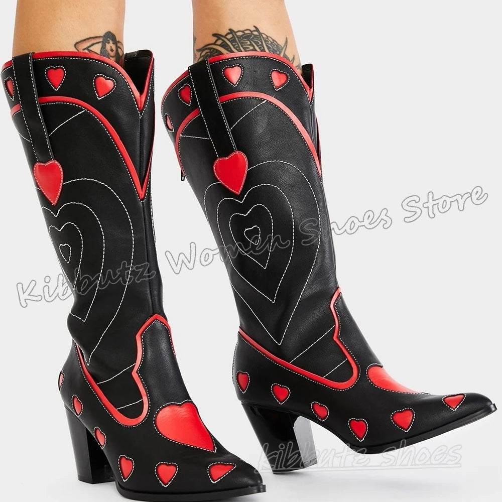 Hearts Cowboy Knee High Boots Slip-On Fashion Novelty Sexy Elegant Concise Novelty Leather Women Shoes Pointy Chunky Heels New