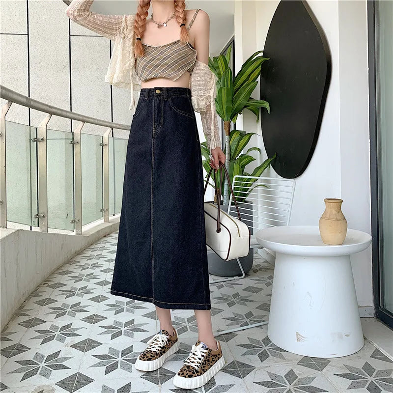 New 2022 Spring-Autumn Medium-Length Denim Skirt For Women High-Waisted Slimming Plus Size Curvy Girls A- Line Hip Covering Skir