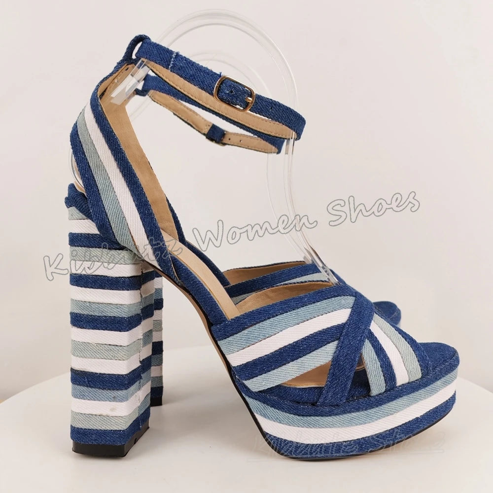 Striped Sandals Platform Cross Strap Buckle Round Toe Chunky Heels Leather Novelty Fashion Luxury Concise Summer Beach Shoes New