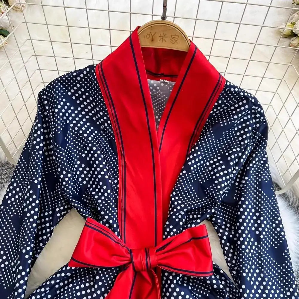 Women Contrast Dot Print V-Neck Loose Lace Up Top+Elastic Waist Wide Leg Pant Suit Autumn Fashion Kimono Cardigan Two Piece Set