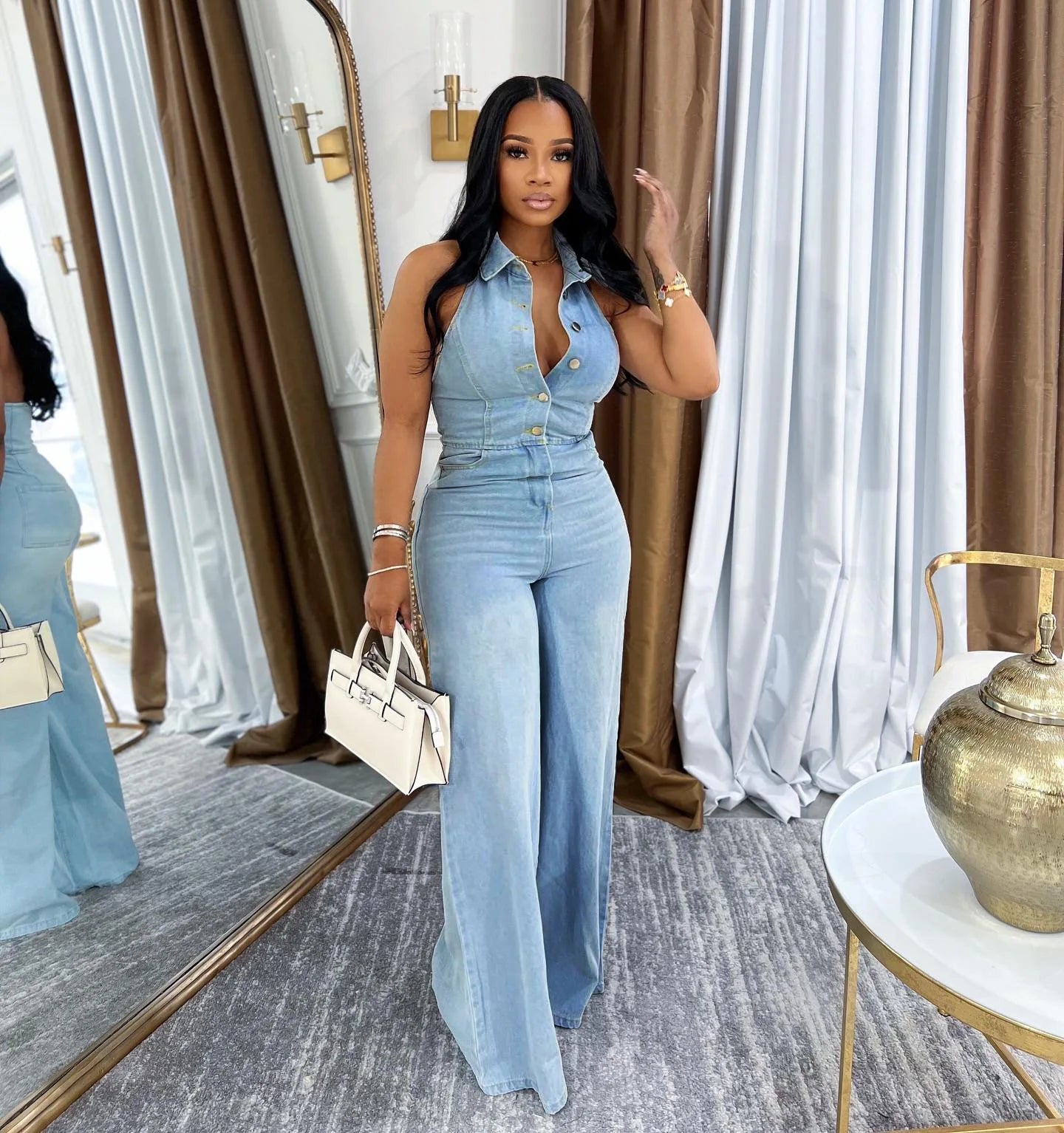 CM.YAYA Women Denim Sleeveless Single Breasted Wide Leg Jeans Jumpsuit Halter Neck Backless 2025 Summer One Piece Suit Playsuits
