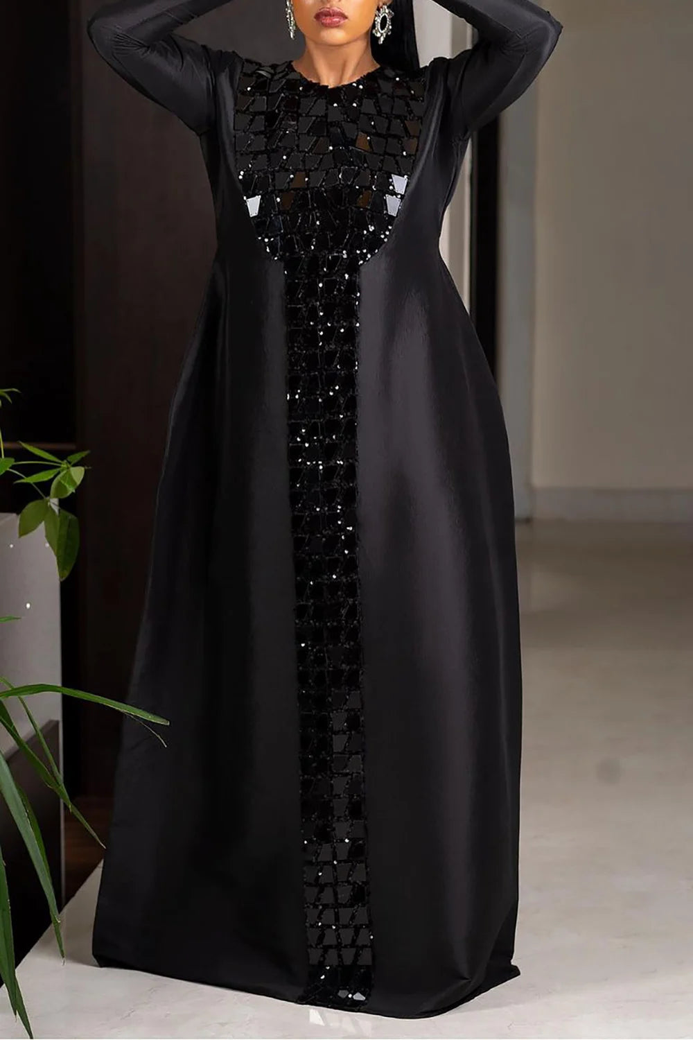Plus Size Semi Formal Dress Black Satin Sequin Long Sleeve Maxi Dress 2025 Womens