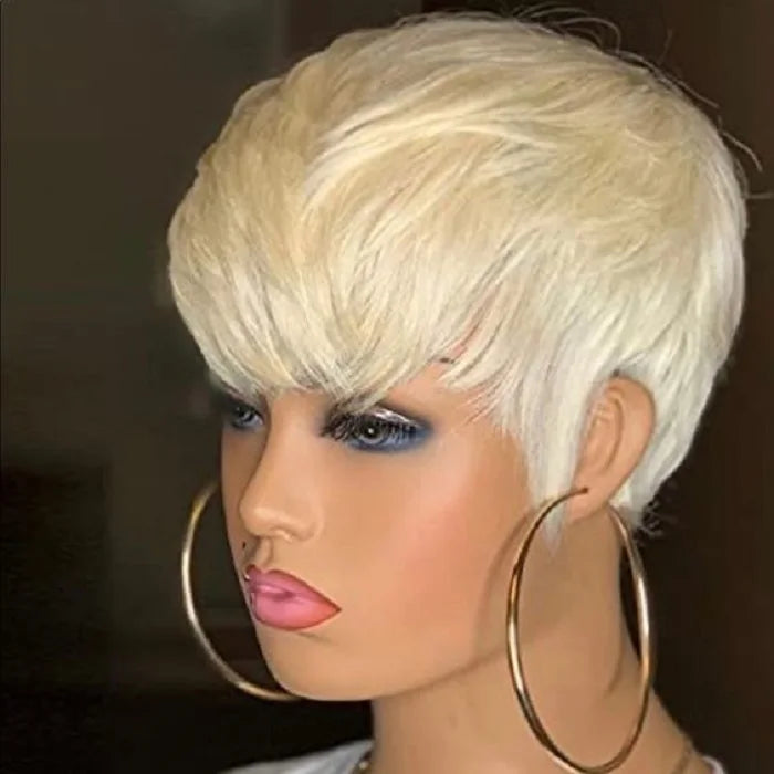 613 Honey Blonde Straight Short Pixie Bob Cut Wig With Bangs Indian Human Hair Full Machine Wig For Black Women