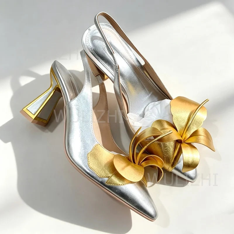 Floral Applique Metallic Patent Leather Slingback Sandals for Women