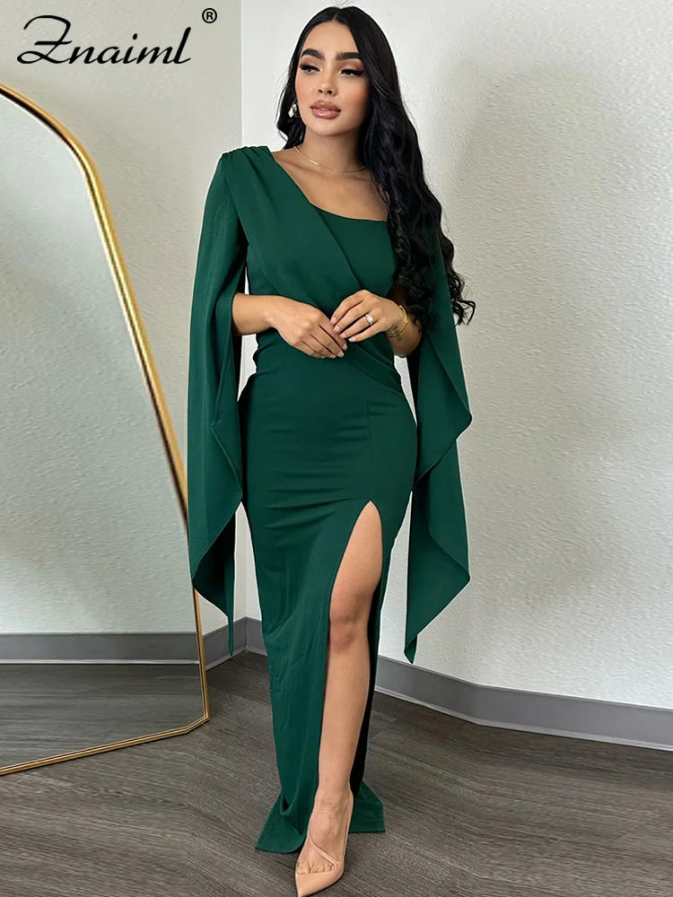 Znaiml Elegant Flare Sleeve Celebrity Nightclub Maxi Long Dresses for Women Sexy High Split Evening Party Prom Birthday Vestidos