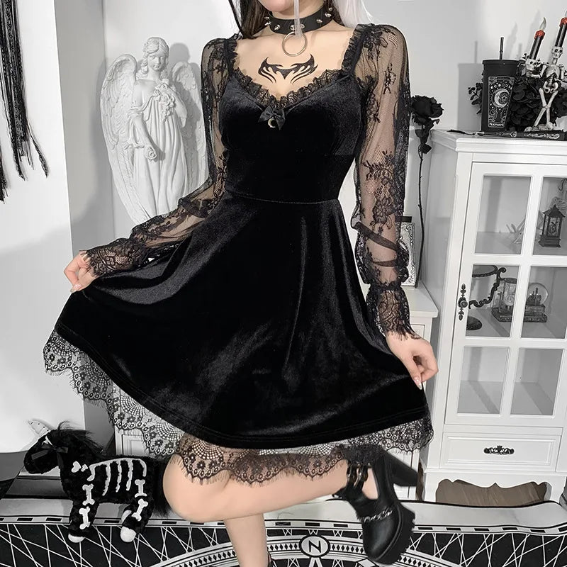 Y2K Hollow Cuffs Strapless Sexy Gothic Lace Dress Dark Style Pleated Knee-length Skirt Women‘s Slim Fit Fashion Women's Clothing