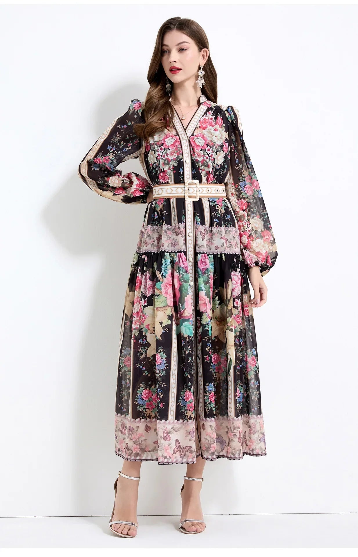 Elegant French Vintage Dress Women's High Waist Belted Print Court Style Long Dress Classy Sensation Skirt Fashionable Gown