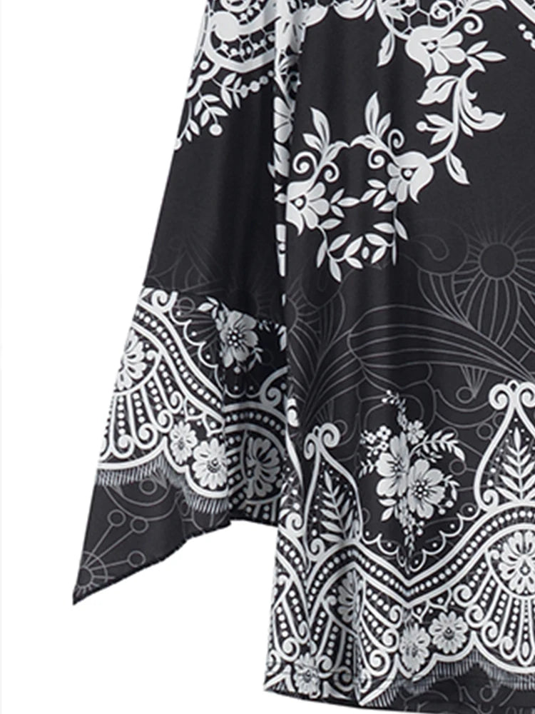 Plus Size Women's Flower Print Irregular Cuff T-Shirt Spring and Autumn Casual Quarter Sleeve Tops Women's