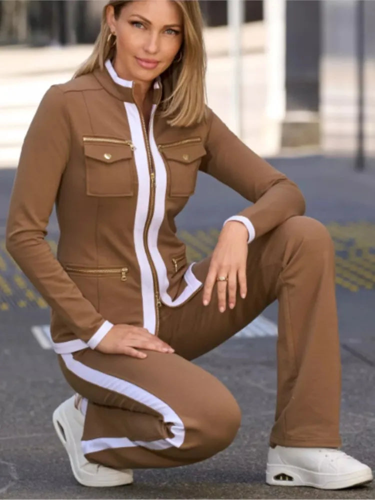 Casual Slim Fit Zipper Top And Sport Pants Set for Women